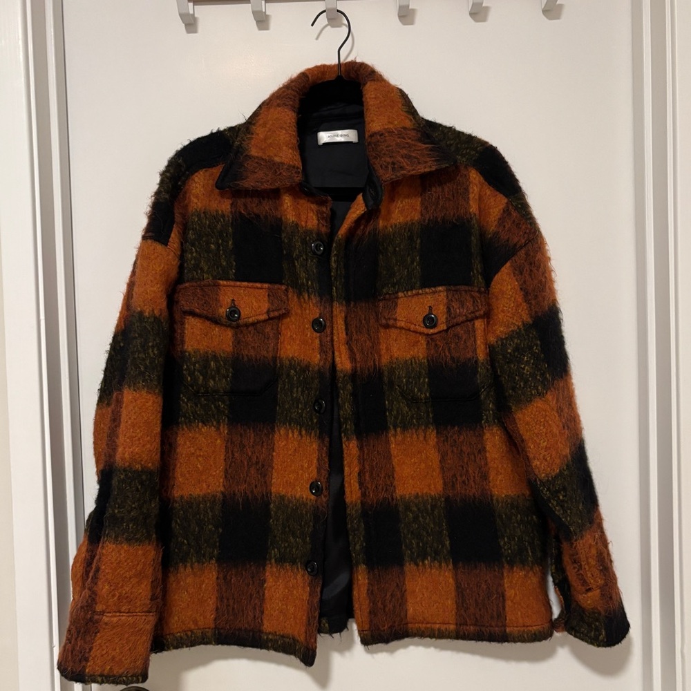 ANINE BING Samone Rust Orange Black Plaid Wool Jacket Coat S Small Bobbi